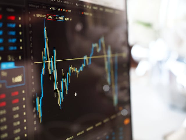 A screen displaying the fluctuations of stock values.