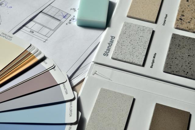 A selection of paint and countertop samples.